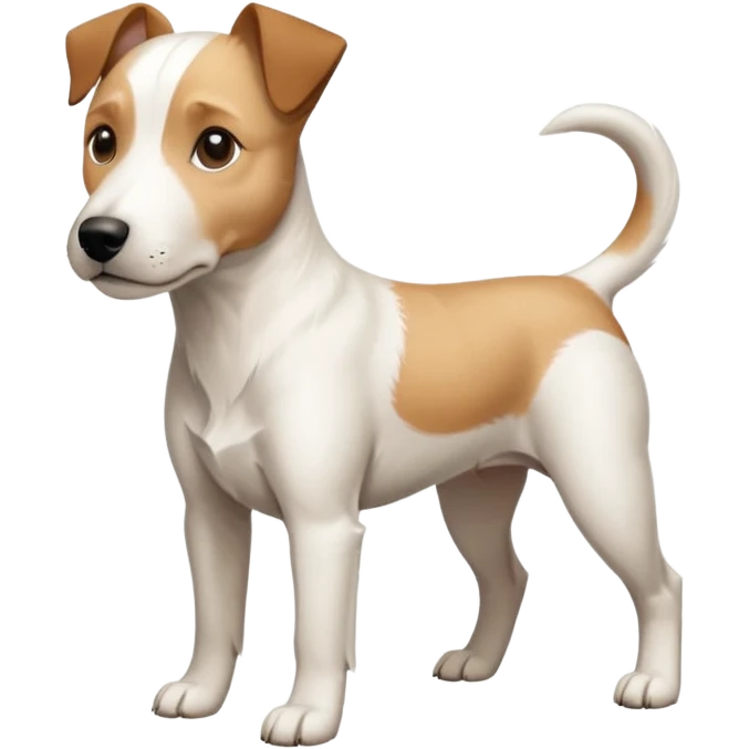 a full body facing front on of a buff white parson russell terrier looking dog the size of a kelpie with light brown long ears resting on its face and a light brown patch on one eye and a large snout. the rest of the dog is completely white.  emoji