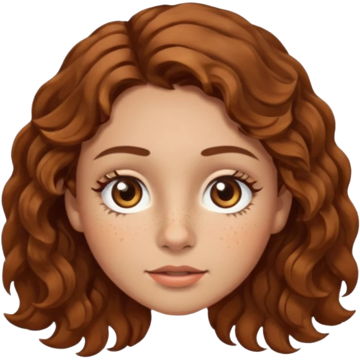 girl with light skin, hazel eyes, wavy brown hair, freckles, eyelashes, button nose emoji