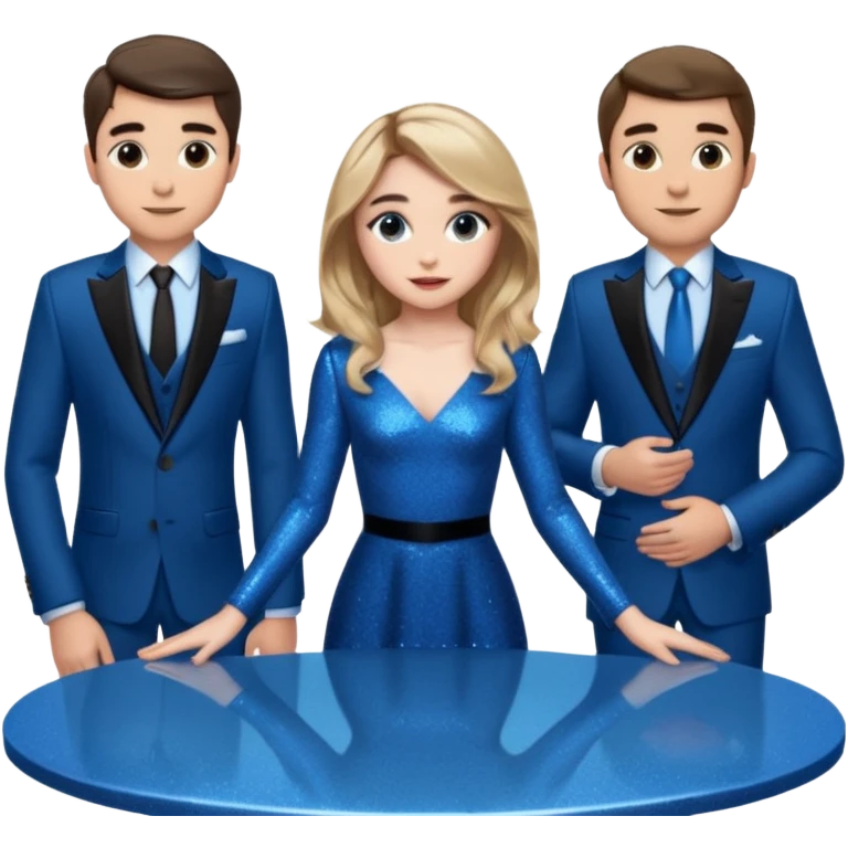 Sabrina carpenter in a blue sparkly dress at a table with 3 handsome men, and she is standing up reaching over  emoji