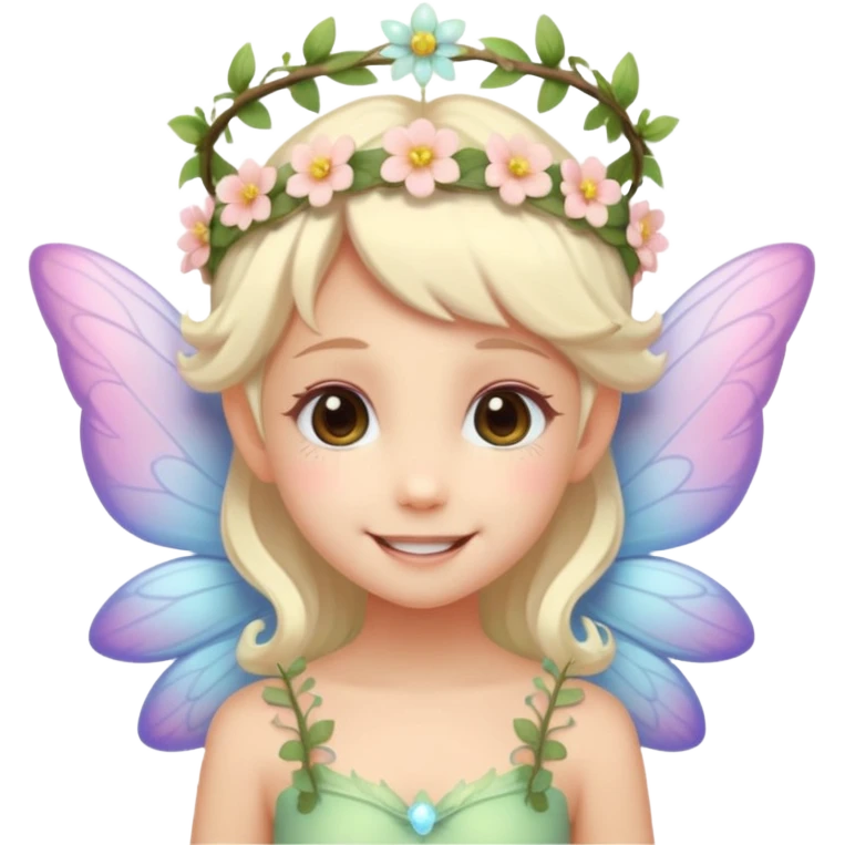 A tiny pastel fairy with glowing wings and a sweet smile and tiny flower crown
 emoji