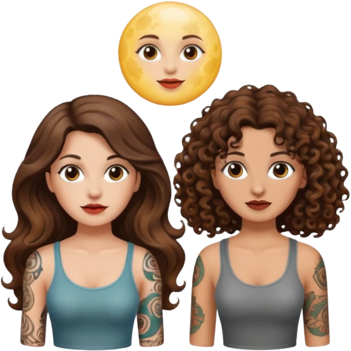 moon color change — long wavy brown hair tattooed woman and short tight curly brown hair woman — alarmed emoji