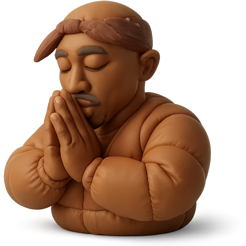 2Pac in classic pose, hands together, wearing a bandana emoji