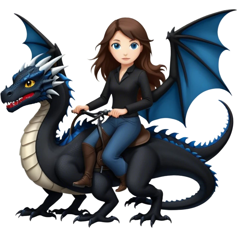 Me, a white female with long brown hair and blue eyes, wearing nothing but black clothes, and riding a VERY BLACK wyvern/dragon with HINTS of RED, to your work emoji