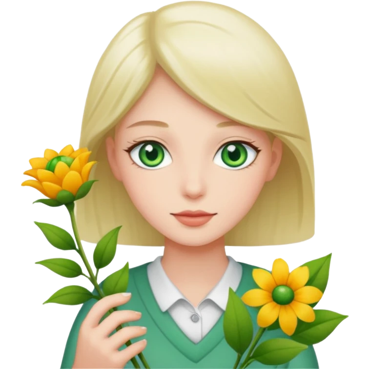 Person holding flowers with green eyes  emoji