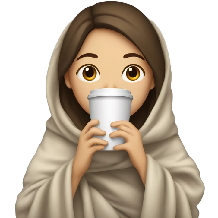 girl inside a blanket sipping coffee eyes closed, brunette with fair skin emoji