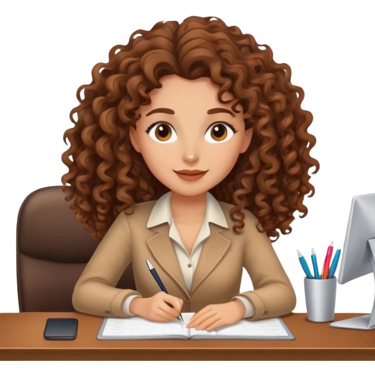 Beautiful woman working at a desk. Her hair is brown long and curly. She is in love emoji