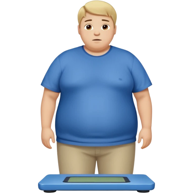 A young slightly overweight male with short dark-blonde hair, medium-light skin, and a relieved facial expression. He stands on a scale, visibly noticing he has lost weight. He wears blue cloth. His posture shows a mix of surprise and relief, with relaxed shoulders and a gentle smile. emoji