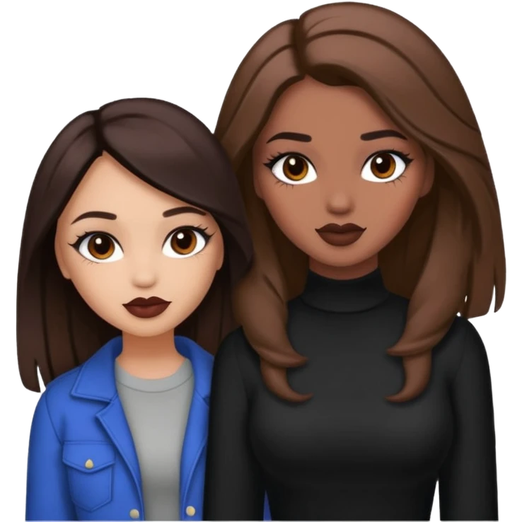 Boujy baddie best friends, trendy heavy makeup both dark hair one light skinned and one mocha brown pretty hair style  emoji