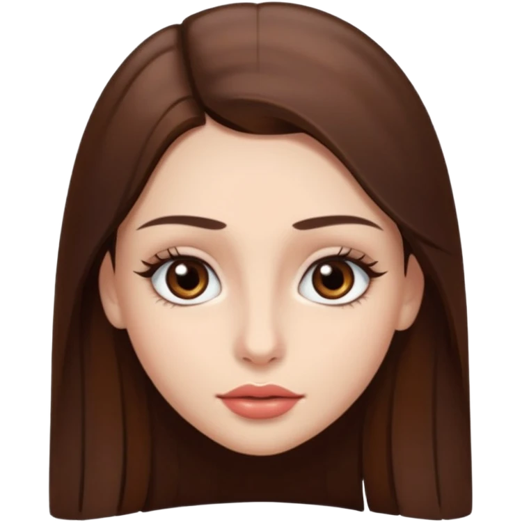 Una chica con piel muy clarita con pleo liso largo de color castaño y unos ojos marrones oscuro y labios grandes y nariz bonita y con unas pestañas emoji