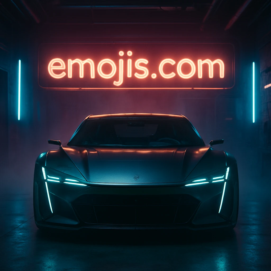Cinematic still of a futuristic car parked front to camera inside neon garage with led behind saying "emojis.com", room fill with haze, very detailed and futuristic ,inspired by cyberpunk 2077 emoji