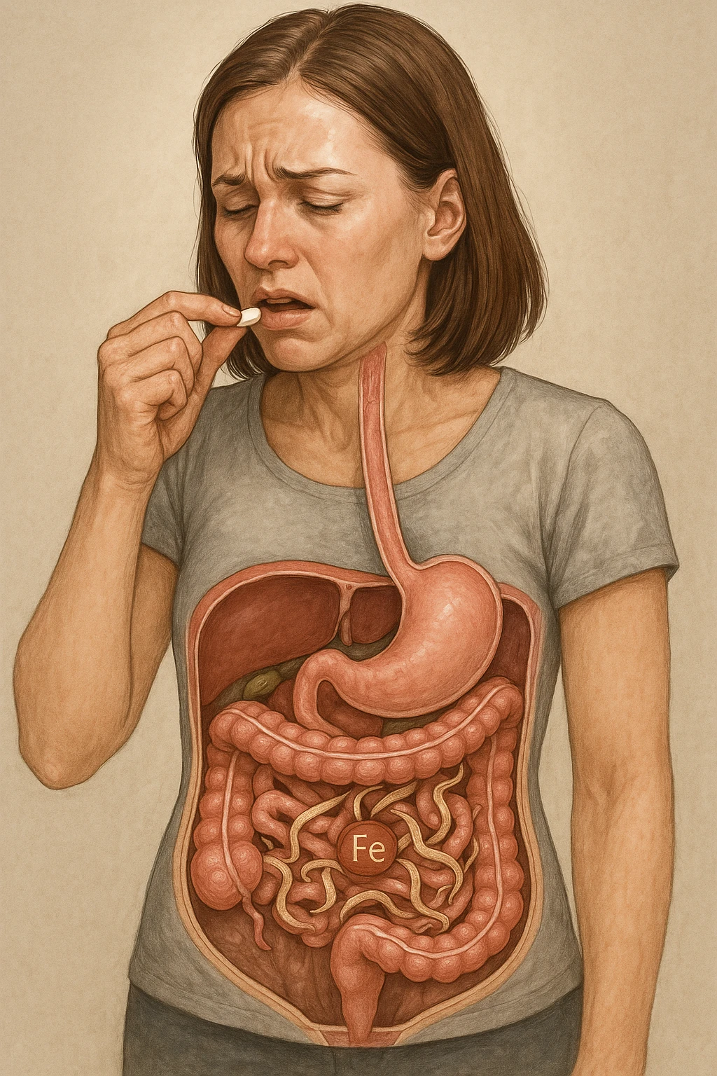 donna con parassiti intestinali che prende integratore di ferro, ma lo mangiano i suoi parassiti. Immagini realistiche emoji