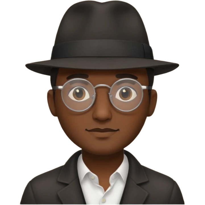 A man emoji with dark skin, wearing round glasses and a black fedora hat, with a clean-shaven face. emoji