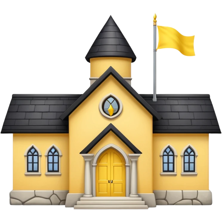 simple magic school, low detail, white background, magic school, black roof, with a big flag, big flag on a roof, big yellow flag, white school emoji