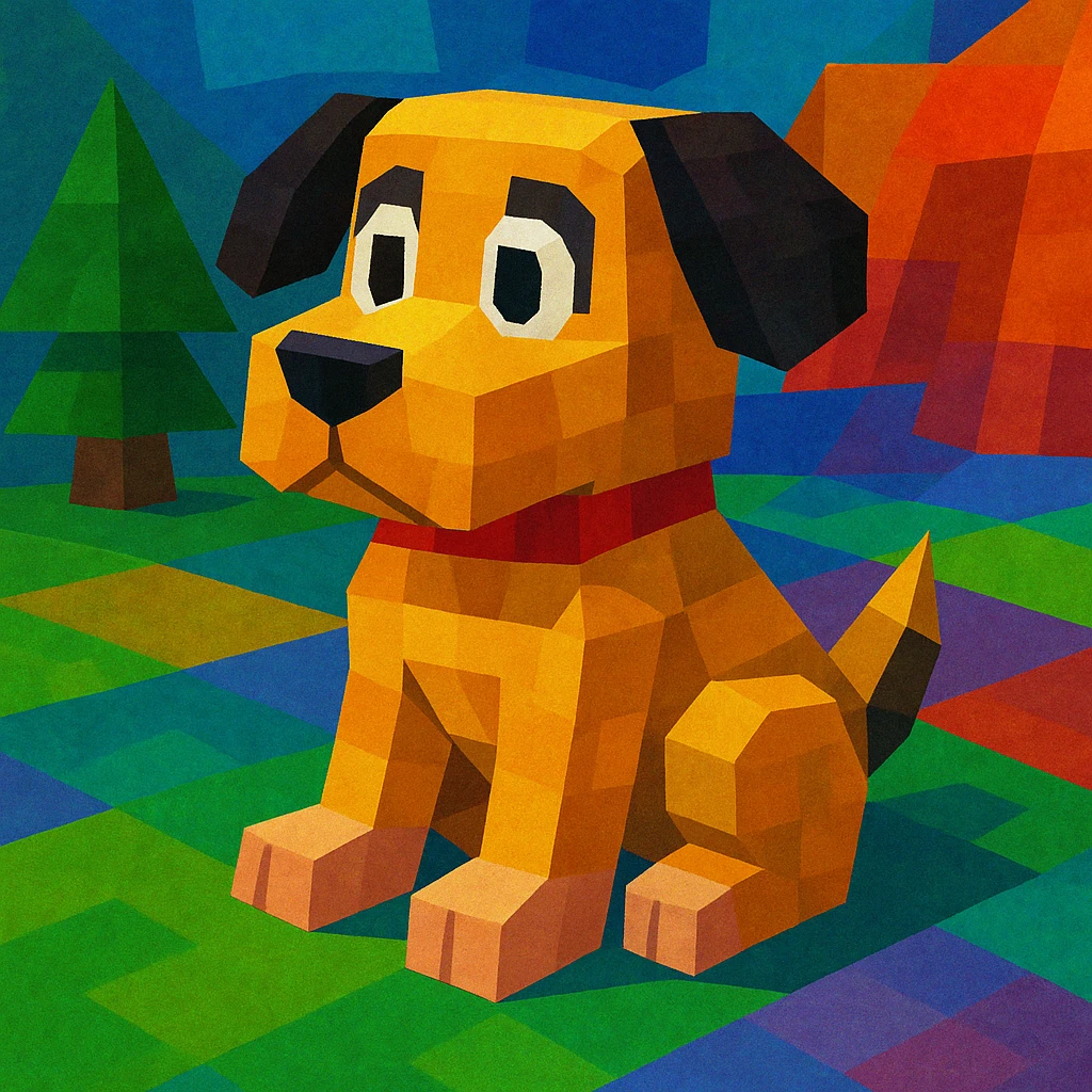 A cute cartoon dog, geometric shapes, abstract colors, sitting. emoji