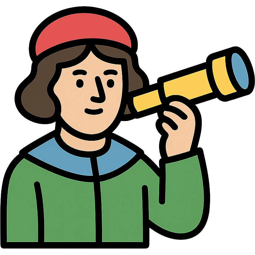 Copernicus icon inspired by the Renaissance era, with a telescope, color outline style emoji