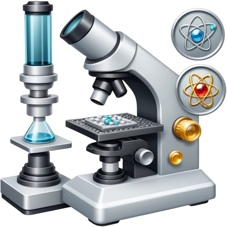 An icon featuring two-ocular electron microscope, a metal alloy, atomic structure symbols, a crystal structure. The design includes different materials like metals, ceramics and polymers, alongside a stamp representing testing and quality control. Transparent background emoji