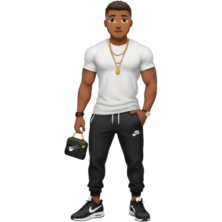 Handsome Black guy with brown skin tone, with muscular build, wearing black sweatpants, a white t-shirt, black Nike air max, a small chain, and a watch  emoji