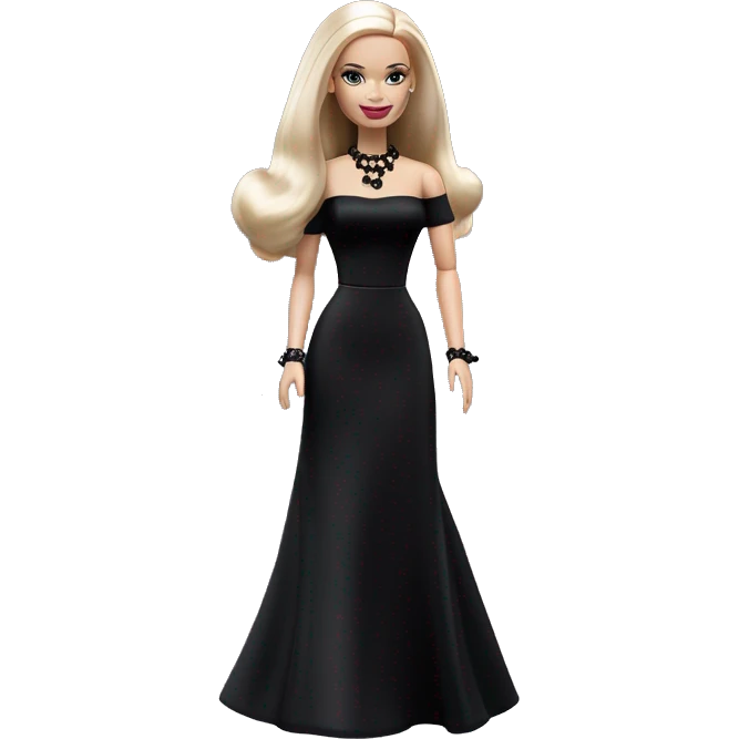  Elegant witch Wednesday Addams Barbie.  Small light skin face. Earrings with matching necklaces Long silky hair. black flowing strapless tight evening gown neckline that’s off-the-shoulders shows her legs and black high heel shoes. emoji