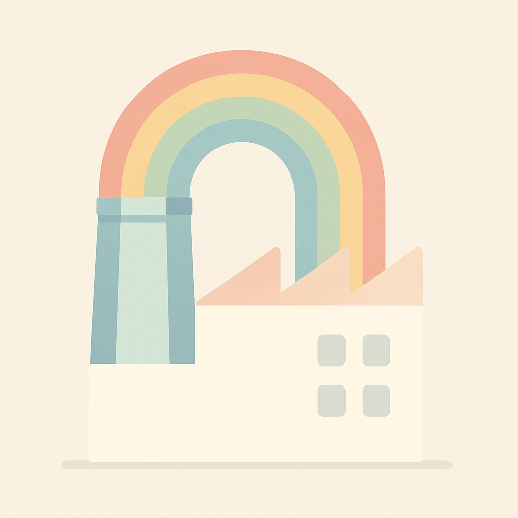 a minimal rainbow factory with simple shapes and pastel rainbow arcs, clean and modern emoji
