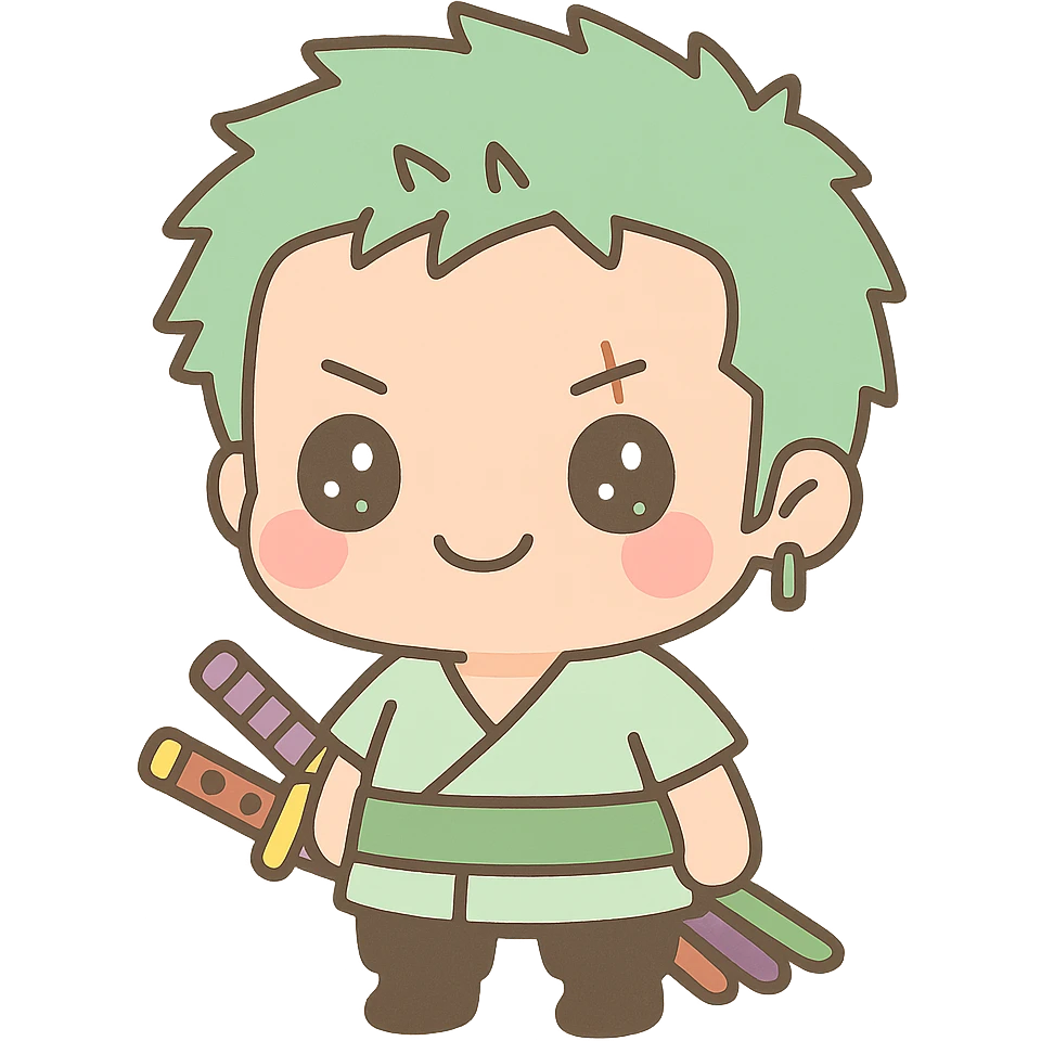 Zoro from One Piece, chibi style, green hair, three swords, cute and small emoji