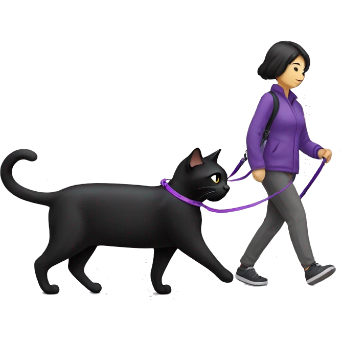 Black cat with a purple leash going for a walk with an Asian female  emoji