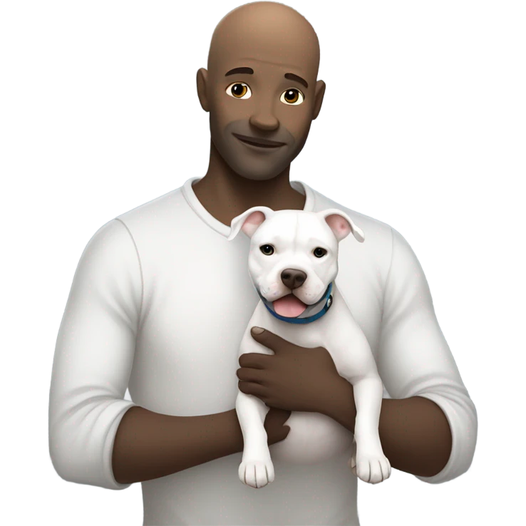 white bald man with blue eyes hugging dark grey no white staffordshire terrier  emoji