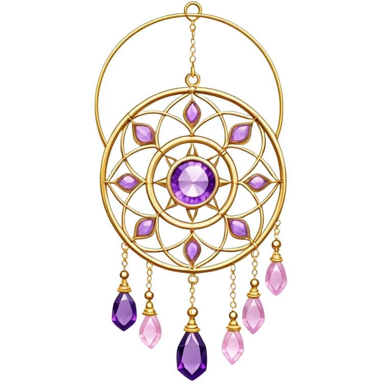 Epic Hanging gold suncatcher, threads with shiny sparkly amethyst and rose-quartz gemstones,  emoji