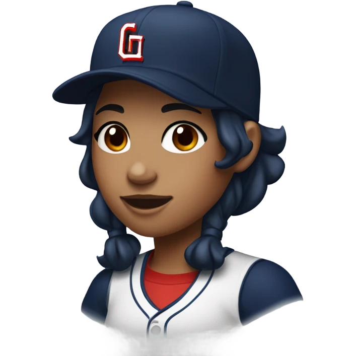 Black long hair girl wearing navy ballcap emblazoned with a red G initial and wearing baseball uniform emoji