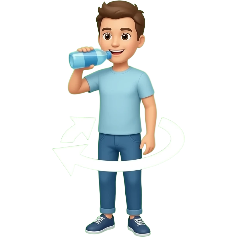 necesito que me hagas a una persona animada cuerpo completo, hidratandose con una botella de agua, necesito que este icono gire en 360 grados con fondo verde emoji