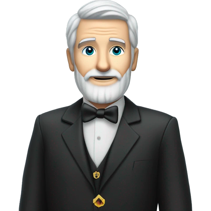60 year old Caucasian male with grey hair and a grey gotee beard wearing a black dinner suit that has a badge on the left side of the jacket with a Freemason square and compass on it. Make the background a sky blue. emoji