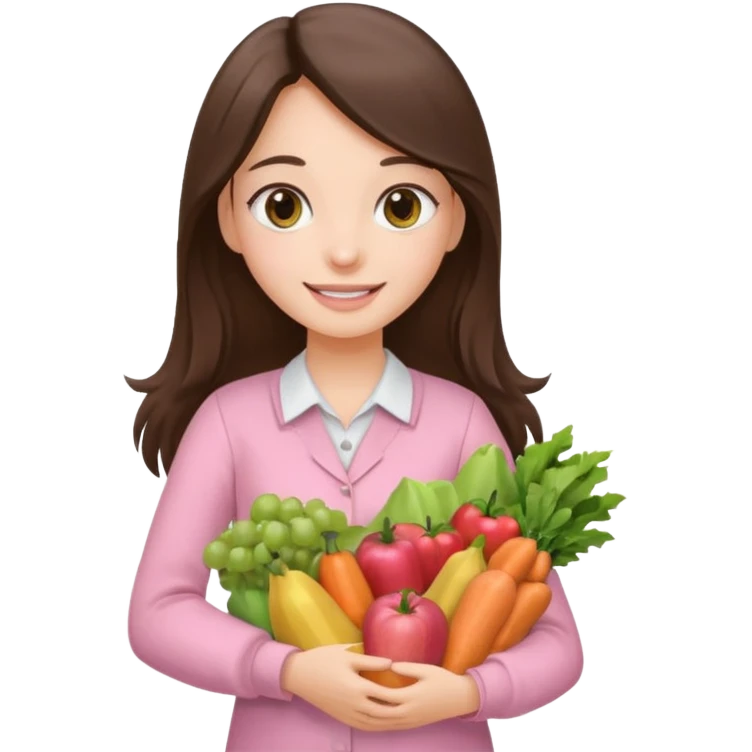pretty smiling long brunette hair girl hazel eyes wearing light pink clothes holding groceries emoji
