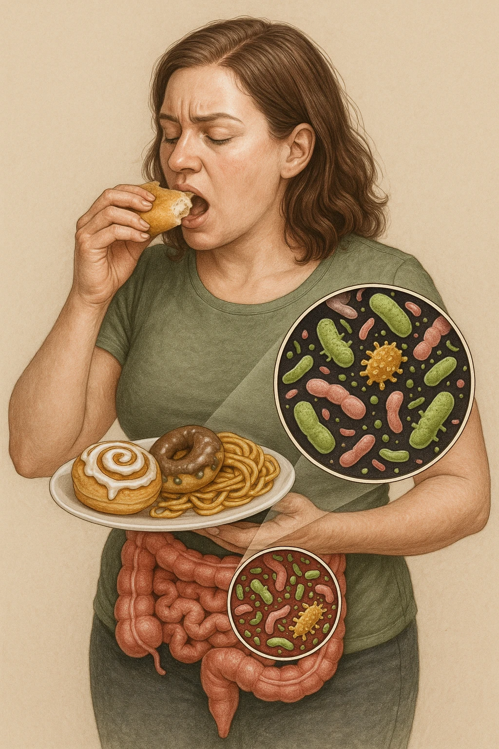 donna con batteri cattivi pieni nel suo intestino immagini realistiche mangia alimentazione ricca di glutine e zuccheri alimentando tutti i batteri cattivi emoji