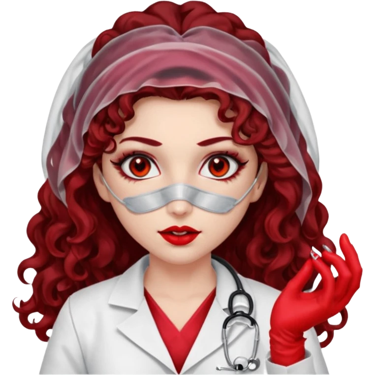 Lilith scalpel in hand, evil surgeon outfit.  She has red eyes. She has dark brown curly hair. Hair is long . Wears sexy doctor outfit with red gloves. Covers nose, neck and mouth with Muslims  emoji