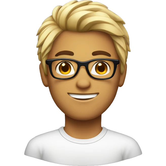 Um homem adolescente branco, cabelo preto, óculos de nerd emoji
