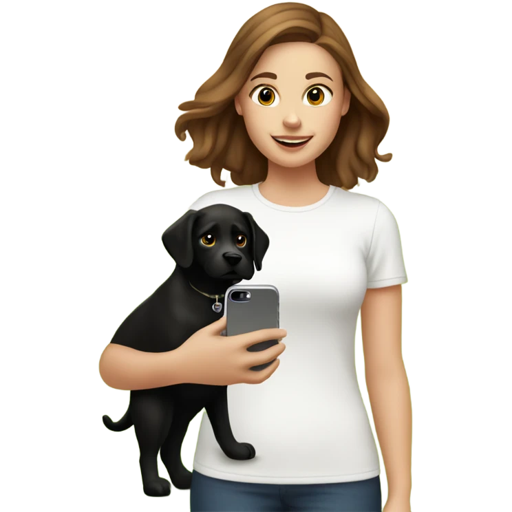 23 year old white girl with brown hair in the park with her black dog while showing dog content in her iPhone emoji