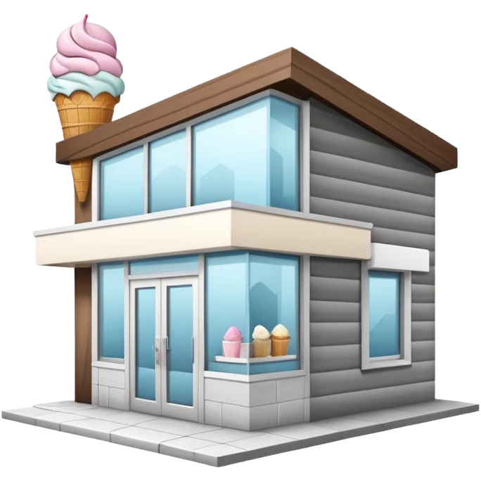 ice cream store at an angle, modern building wood, gray, white materials modern, at an angle emoji