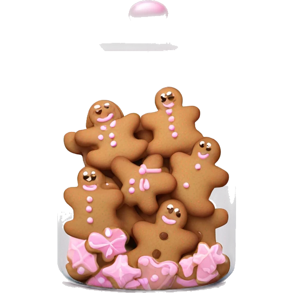 Realistic glass cookie jar with light pink lid full of gingerbread cookies isolated.  emoji