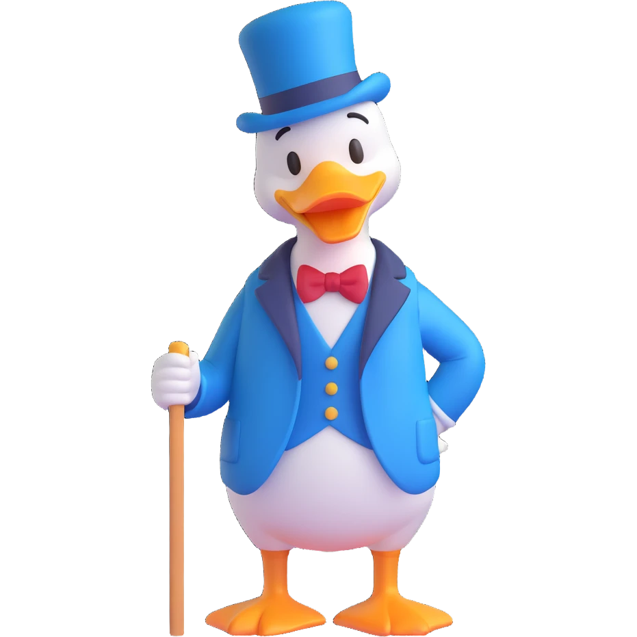 Dagobert Duck emoji, standing with cane, wearing blue coat and top hat, looking proud emoji