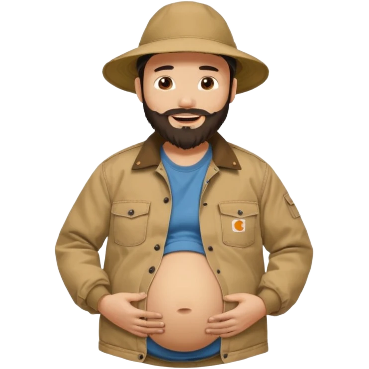 Bearded man rubbing pregnant belly poking out of shirt wearing a tan canvas carhartt jacket with a stereotypical large chinese hat on and buck teeth emoji