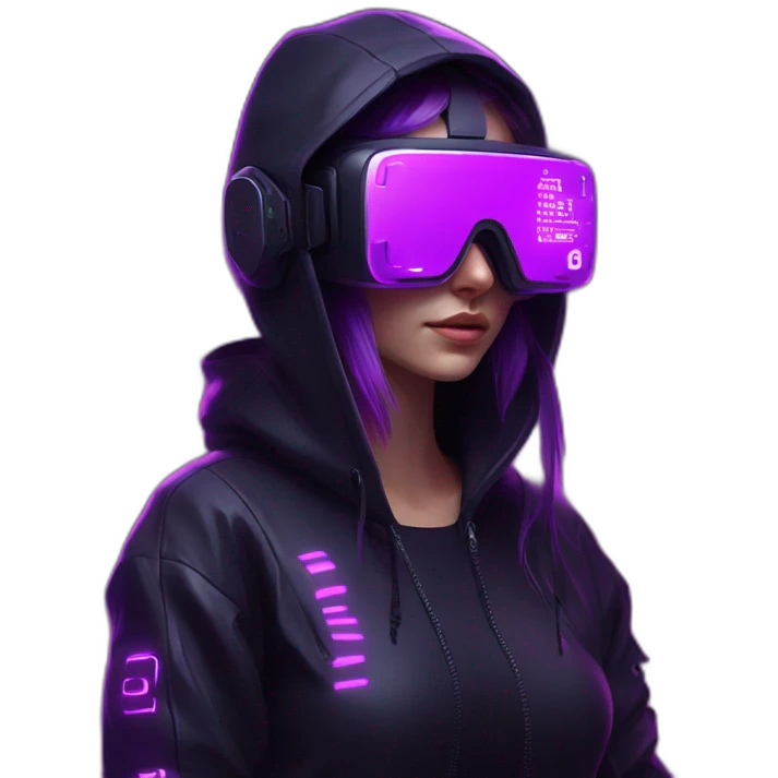 Russian girl wearing black hoody with violet letters "OMG", in vr headset. Cyberpunk style. Violet neon. emoji