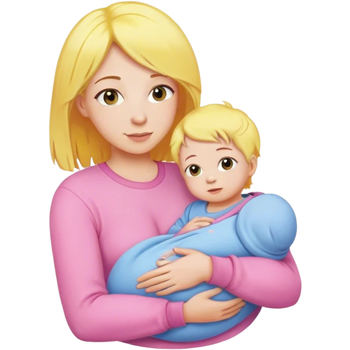 Mother with yellow hair and pink clothes, holding baby in blue clothes emoji