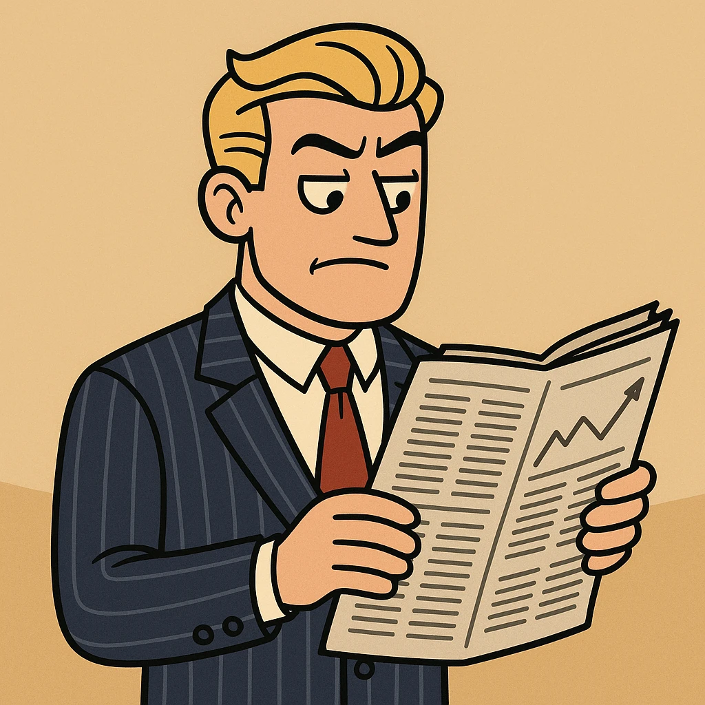 a trader character, classic Wall Street look, pinstripe suit, holding a newspaper emoji