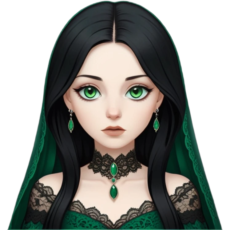 A close-up shot of a woman with pale skin, piercing green eyes, and long, straight raven-black hair. She’s dressed in a dark, elegant gown with intricate lace details, exuding an air of mystery, with shadows cast across her face emoji
