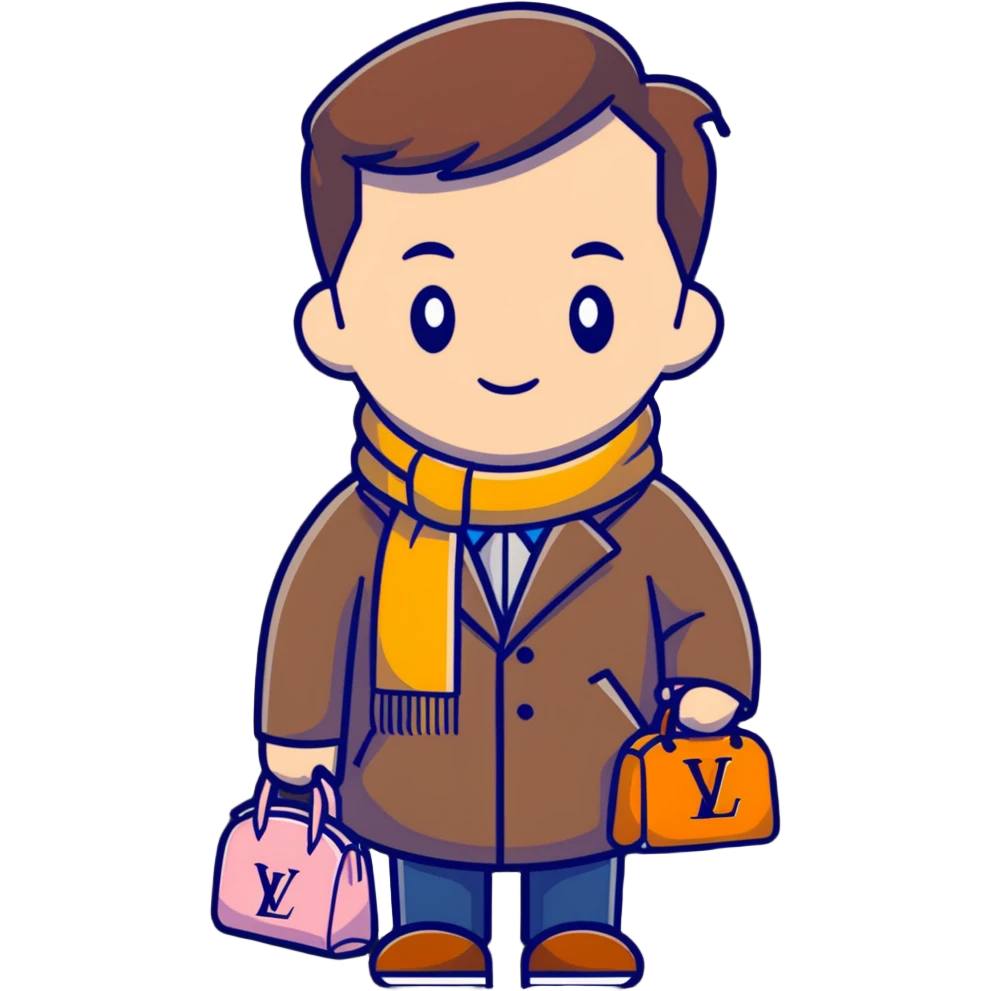 elegant man wearing Louis Vuitton coat and scarf with the iconic LV monogram emoji