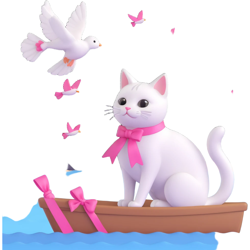 rounded 3D iOS style scene: a white cat with a pink ribbon, sitting by the sea, looking at sparkling water and flying birds emoji