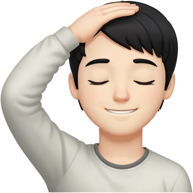 white boy smiling with right hand behind head, black hair, closed eyes emoji