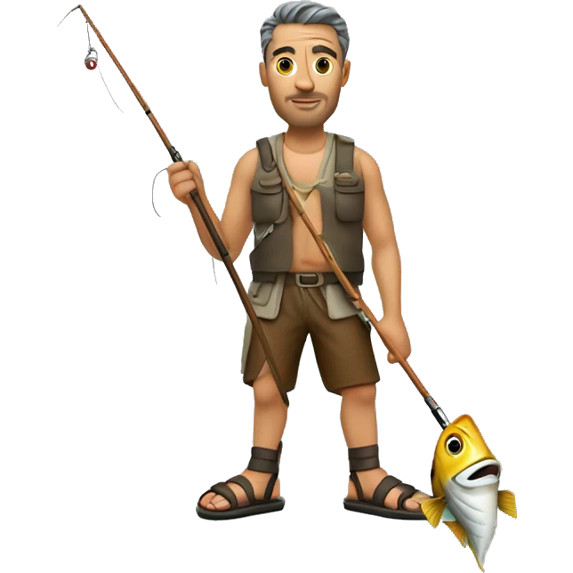 real cool stoic looking man holding a fishing rod in his hand wearing custom made leather sandals on his feet emoji