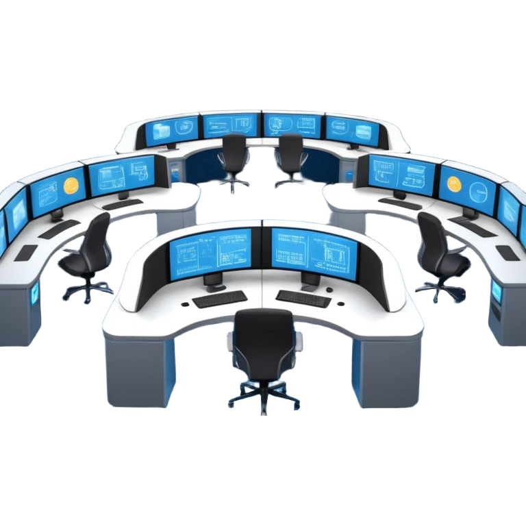 Cinematic mission control center, massive curved video walls with complex telemetry and glowing data visualizations, symmetrical high-tech workstations, dim blue and amber ambient lighting, sharp focus, hyper-realistic, atmosphere of absolute precision. emoji