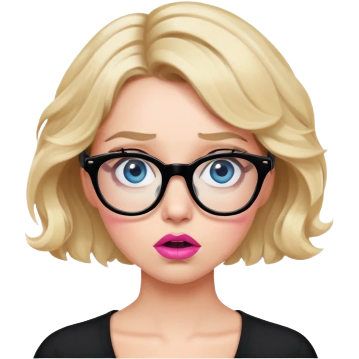 Blonde woman with short wavy hair, blue eyes and pink lips wearing black glasses looking very shocked emoji