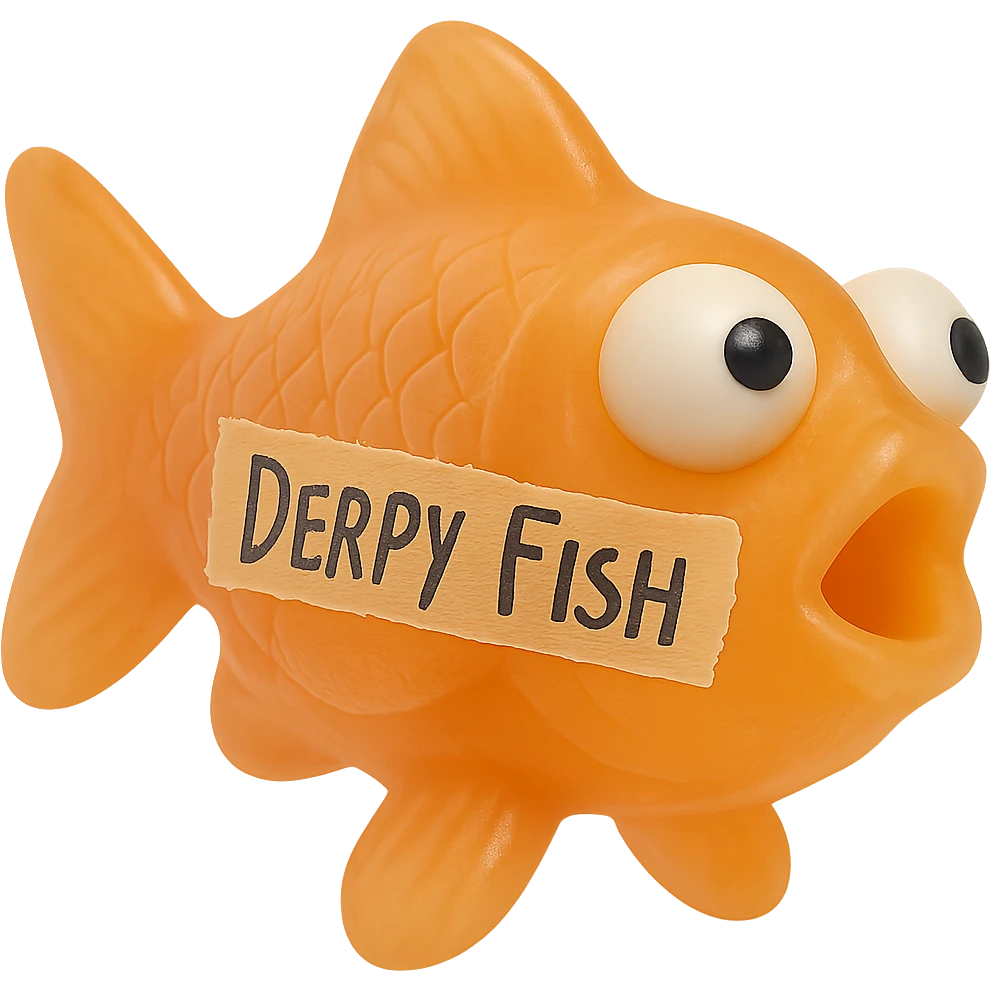 Add a piece of realistic masking tape stuck on the bright orange fish with the words 'Derpy Fish' written on it. The fish should have a somewhat transparent, retro 90's toy look with derpy eyes, soft plastic appearance, soft reflections, soft and squishy texture, some cloudiness, not shiny, highly detailed and appealing. The masking tape should look clearly stuck to the fish's body. No background. emoji